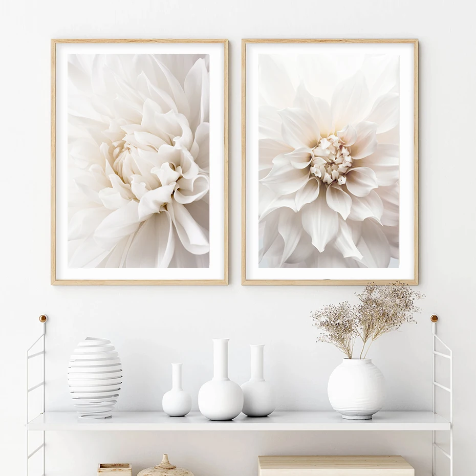 Pretty White Dahlia Rose Poster Romantic Flower Palm Leaf Kiss Canvas Paintings Wall Art Picture Prints Bedroom Decor Interior