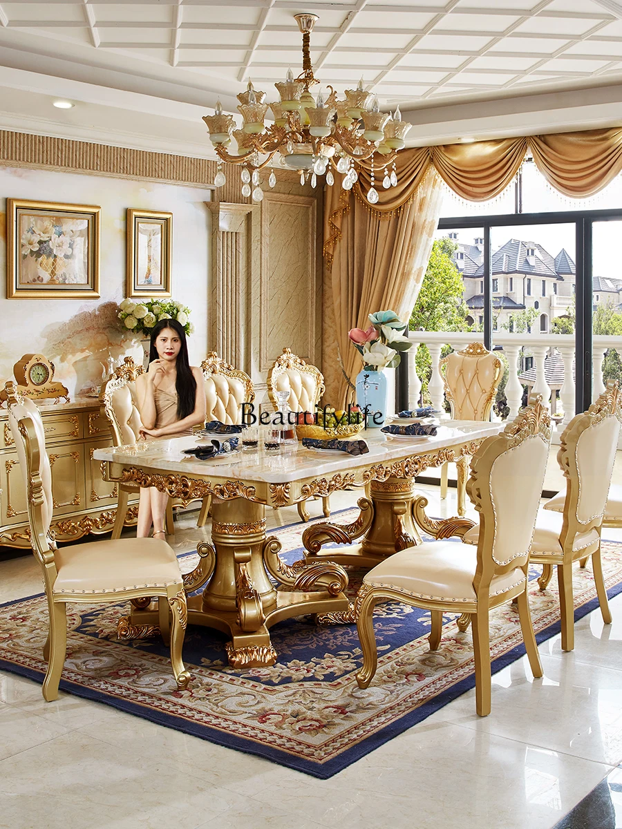 

European-Style Marble Rectangular Dining Tables and Chairs Set Solid Wood Carved Large Dining Table Golden