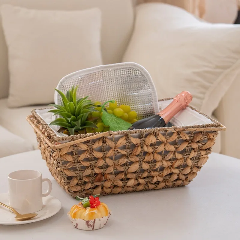 Outdoor Storage Basket Seaweed Gourd Grass Mixed Picnic Baskets Portable Thermal Insulation Storages Box with Lid Органайзери