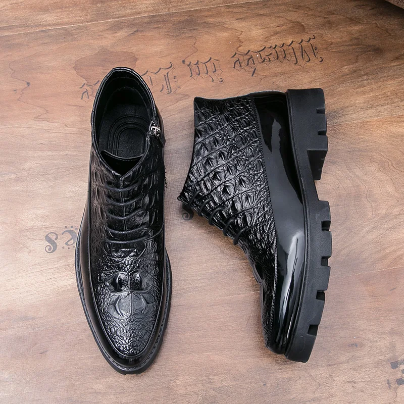 2024 New Casual Crocodile Pattern Short Boots Fashion Men Black Ankle Boots Business Dress Leather Boots Thick Bottom Winter