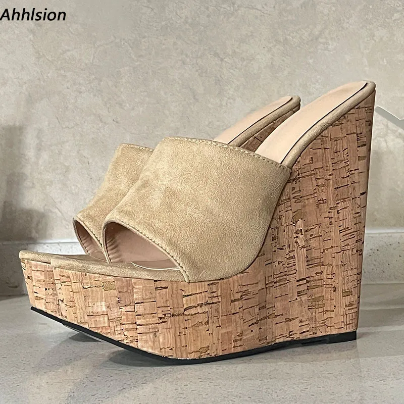 

Ahhlsion/женские сандалии-мюли высокого качества, пробковые туфли на танкетке с открытым носком, красивая абрикосовая повседневная обувь, женская обувь, размер США 5-20