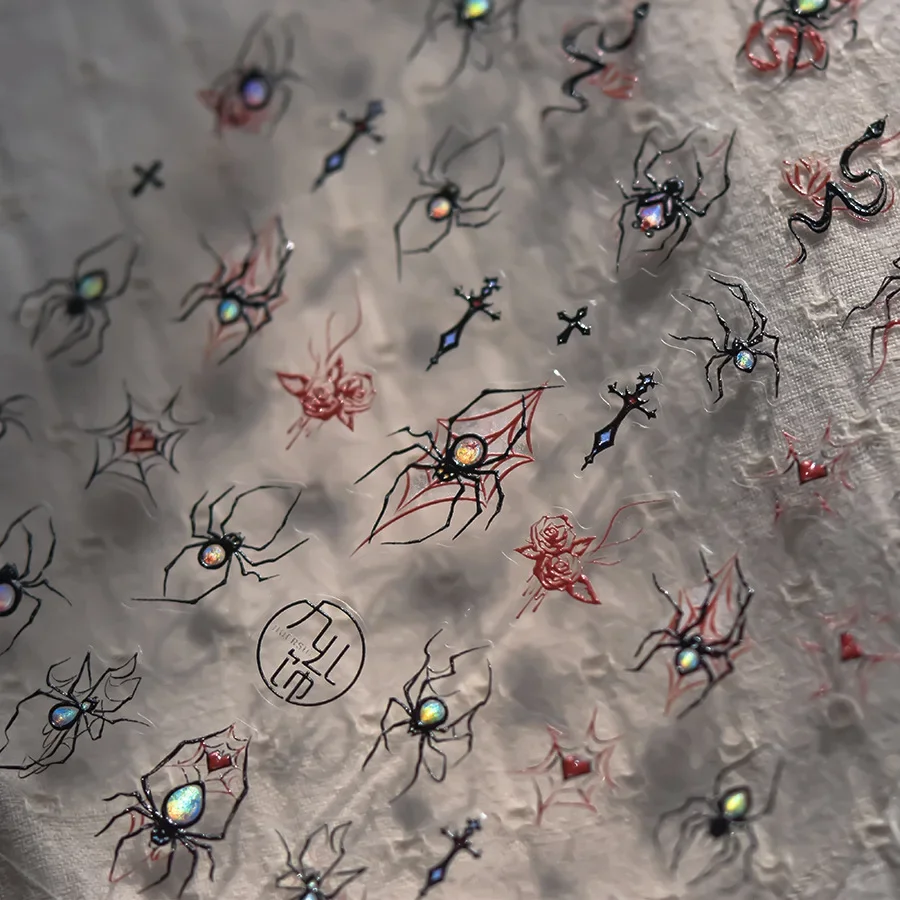 Dark Style Spider Nail Art Stickers Spider Web Cross Cobweb 5D Purple Glitter Love Heart Jelly Self Adhesive Manicure Decals