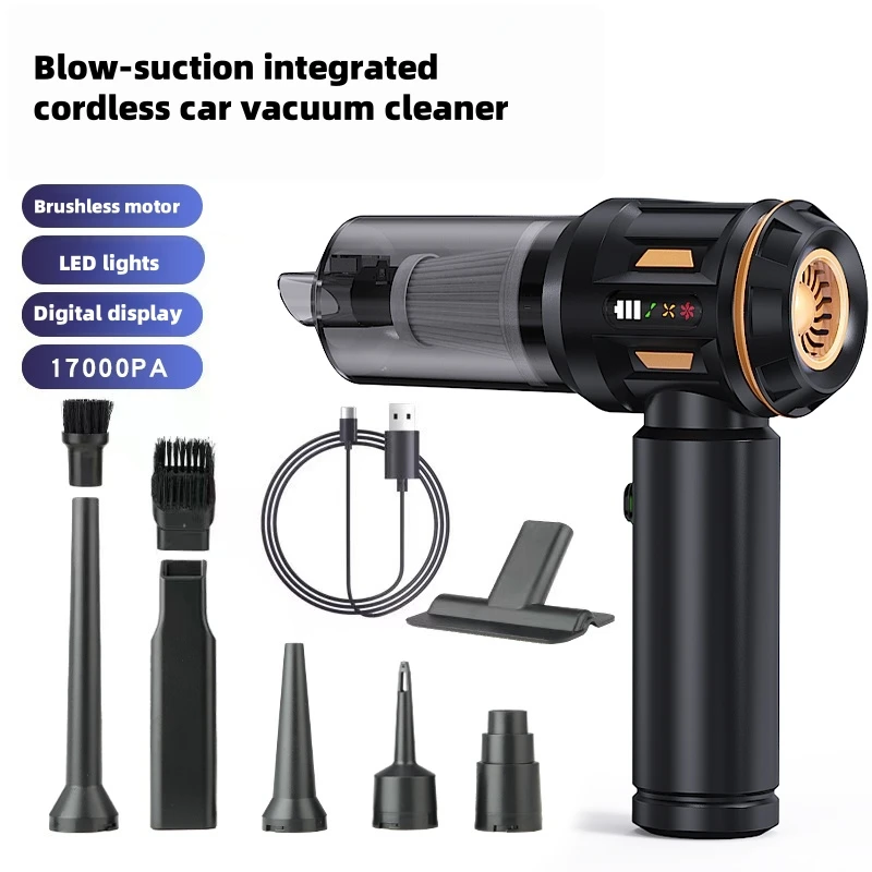 17000Pa High Suction Power Rechargeable Portable Car Vacuum Cleaner with Digital Display Screen and LED Light, 2000mAH*3