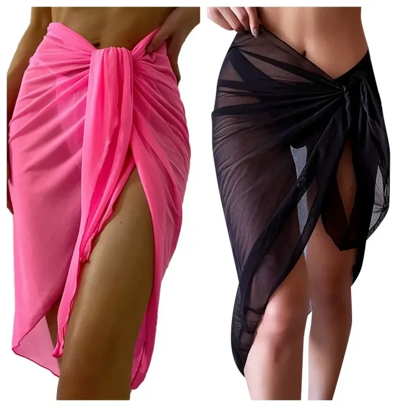 ฤดูร้อนชุดชายหาด Wrap Sheer Wrap Knot เอวชุดว่ายน้ํากระโปรงบิกินี่ผ้าพันคอชุดว่ายน้ํา Cover Ups ผู้หญิงบิกินี่ผ้าคลุมไหล่