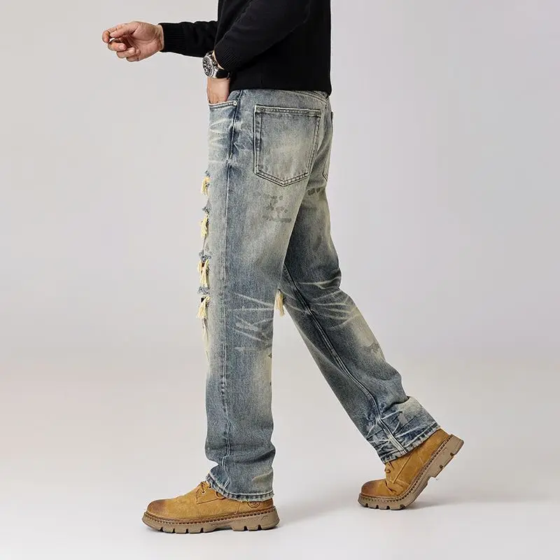 

Джинсы в стиле ретро, красивые мужчины с рваными и скрапрованными нашивками, модные брюки из тяжелой веса, свободные прямые брюки