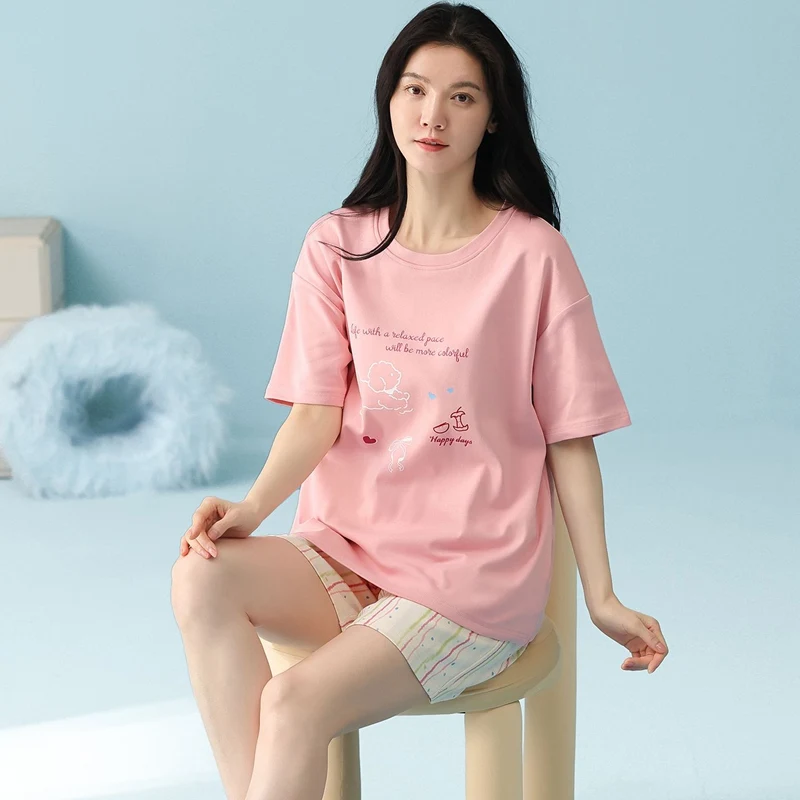 

Новинка 2026: Летний комплект пижамы с коротким рукавом из 100% хлопка с принтом, свободные шорты, корейский стиль, для женщин, домашняя одежда, пижама, одежда для сна