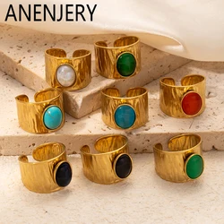 ANENJERY 316L Stainless Steel Inlaid Colorful Stone Wide Ring for Women Men Vintage French Temperament Jewelry Gift Wholesale