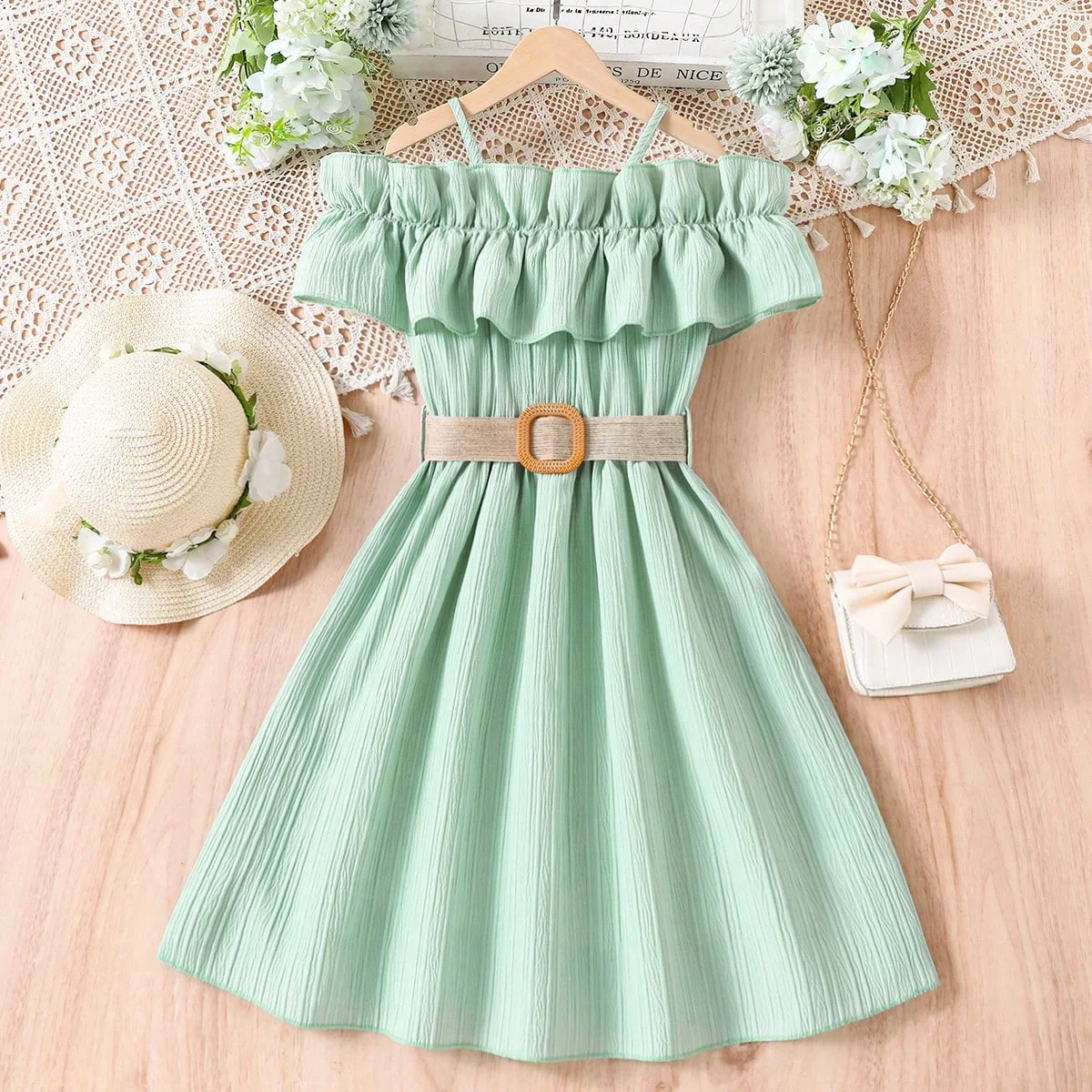 Girls Casual Dresses One-line Shoulder Strap Patchwork Lace Dress Kids Clothes Girls 8 To 12 Years Princess Dress for Girls