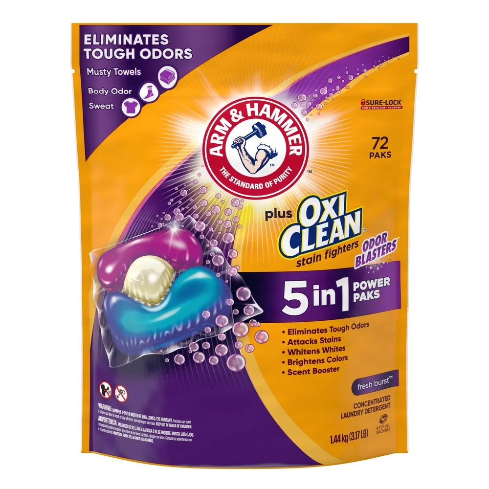 5-in-1 Odor Eliminating Laundry Detergent Power Paks 72 Ct HE Stain Remover Fresh Burst Odor Blasters Deep Clean Packs