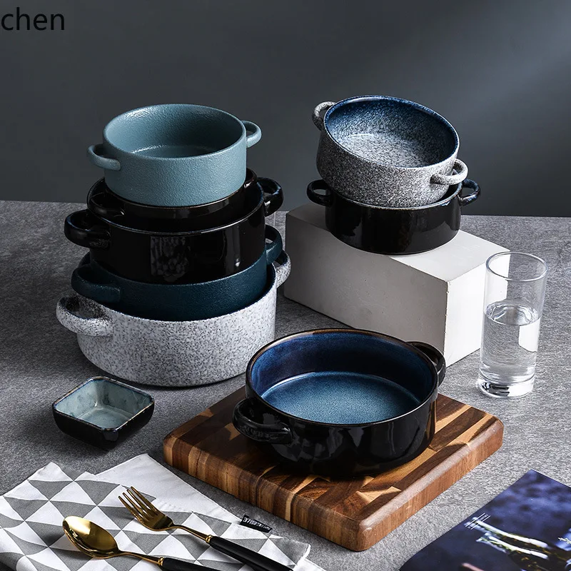 Zml restaurant double ear matte glazed ceramic large baked rice bowl handle soup basin