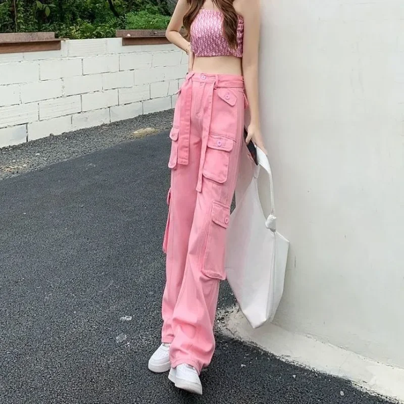 

Female Trousers Pink With Pockets Long Women's Cargo Pants High Waist Clothing Korean Style Slacks Harajuku All Medium Casual G