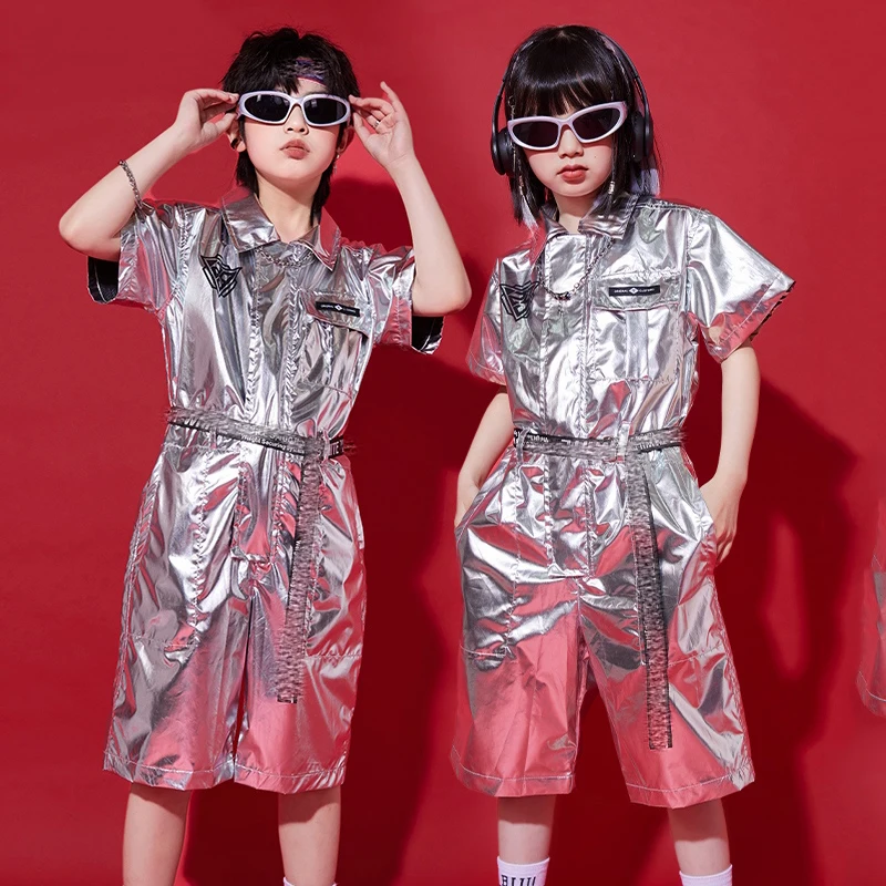 2024 New Sliver Jumpsuit Jazz Modern Dance Costumes For Girls Street Dance Wear Boys Hip Hop Dance Performance Clothes DQS16190