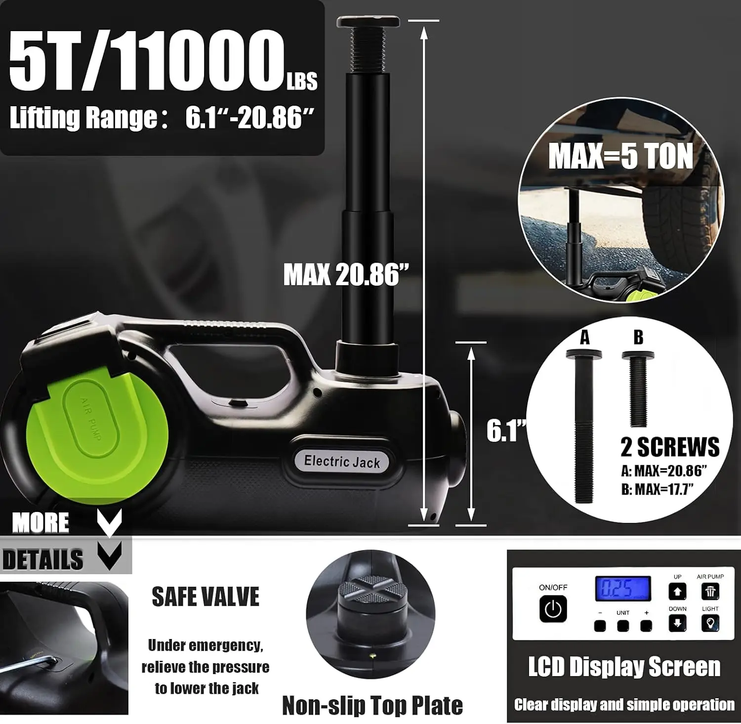 Electric Car Jack 5 Ton, 12V Electric Hydraulic Floor Jack LCD Display Screen with Electric Impact Wrench and Inflator Pump
