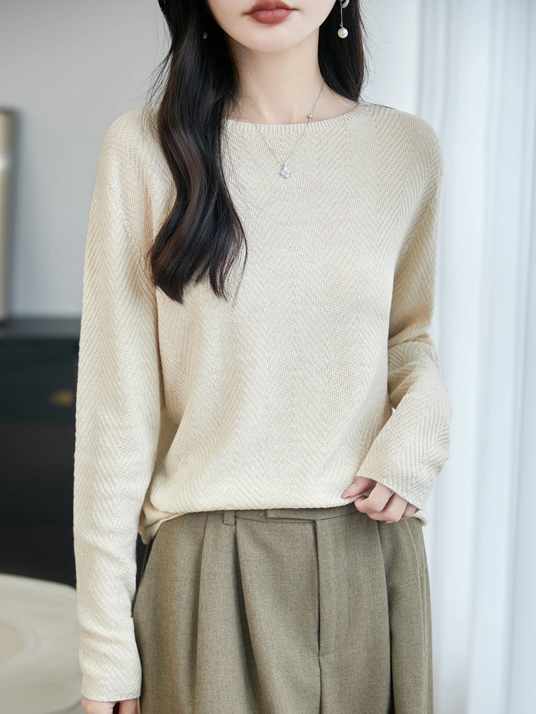 Slimming Effectiveness Spring Autumn Loose Fit Women's Knitted Long Sleeve Thin Base Shirt Seamless Versatile Top
