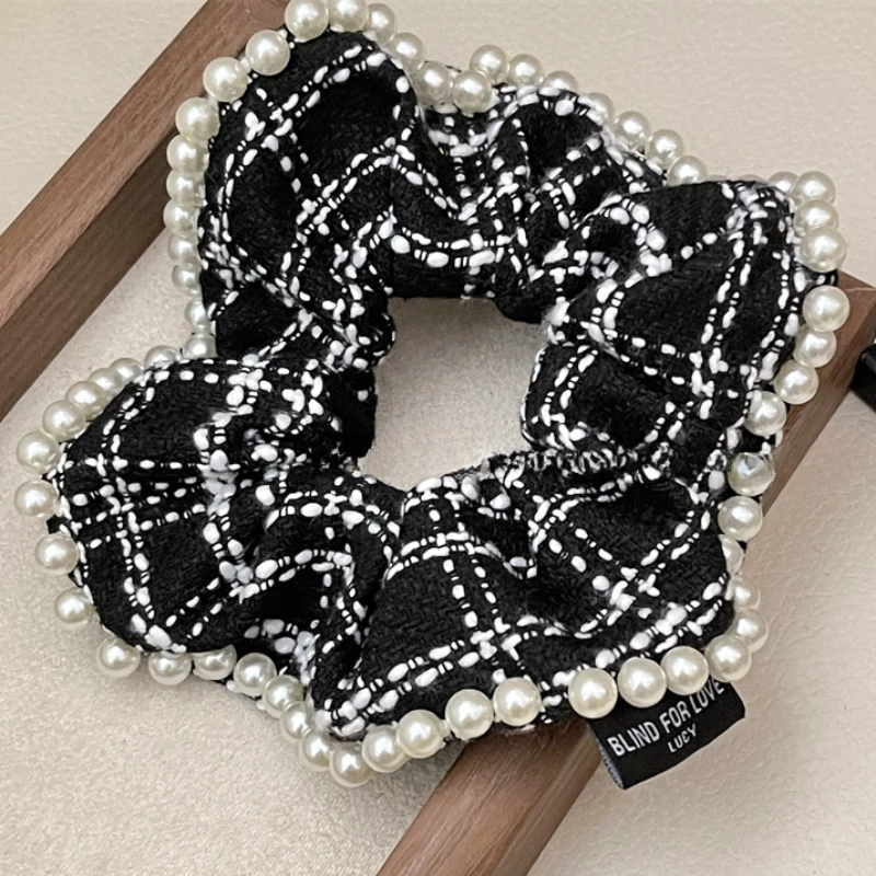 여성용 고급 진주 트위드 헤어 타이 로프, 럭셔리 격자, 큰 내장 반지, 우아한 액세서리, 한국 패션, 신상