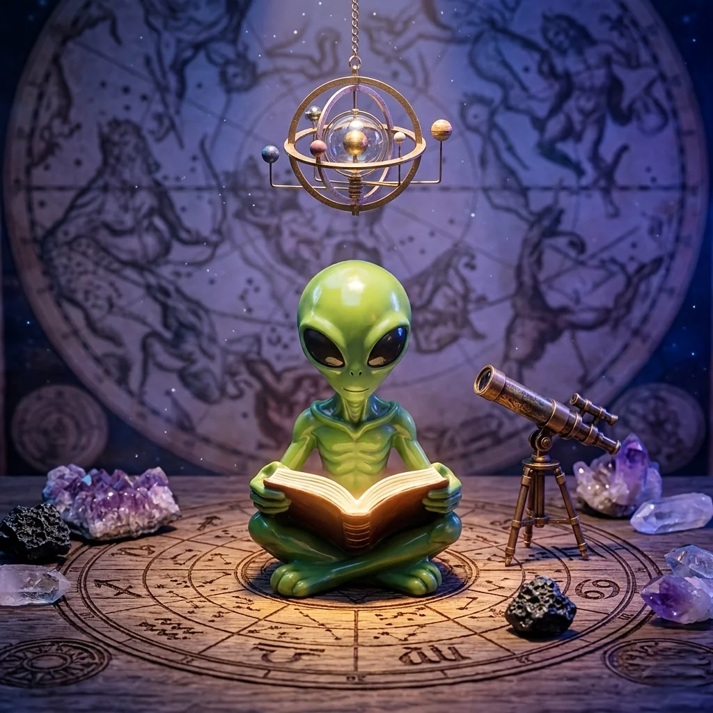 1 Piece Green Alien Reading Book Ornament, Fun Alien Figurine Made of Resin, Reading Alien Sculpture, Small Resin Alien Statue, Office Desk Accessory