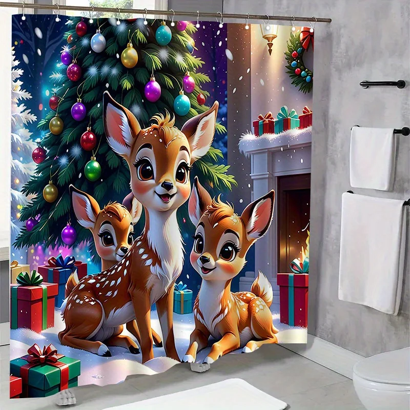Christmas Deer Family Print Shower Curtain - Winter Scene with Deer, Presents & Tree - Machine Washable Polyester Bathroom