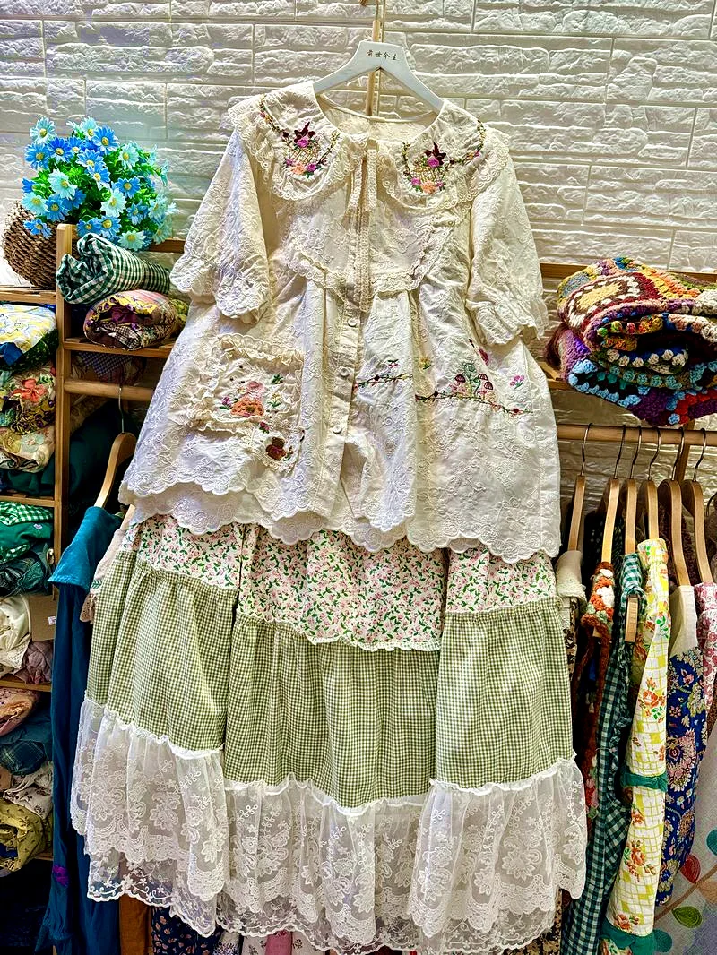 Women Vintage Cotton Linen Patchwork Ruffled Lace Green Long Midi Skirt Retro Chic Rococo Cottagecore Mori Girl A-line Skirt