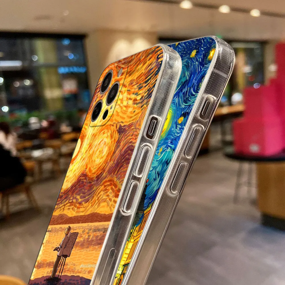 Van Gogh Cafe Terrace Starry Night Sunflower Clear Phone Case For iPhone 11 15 14 Pro Max 12 13 Mini 16 Pro Plus XS 8 Cover Case