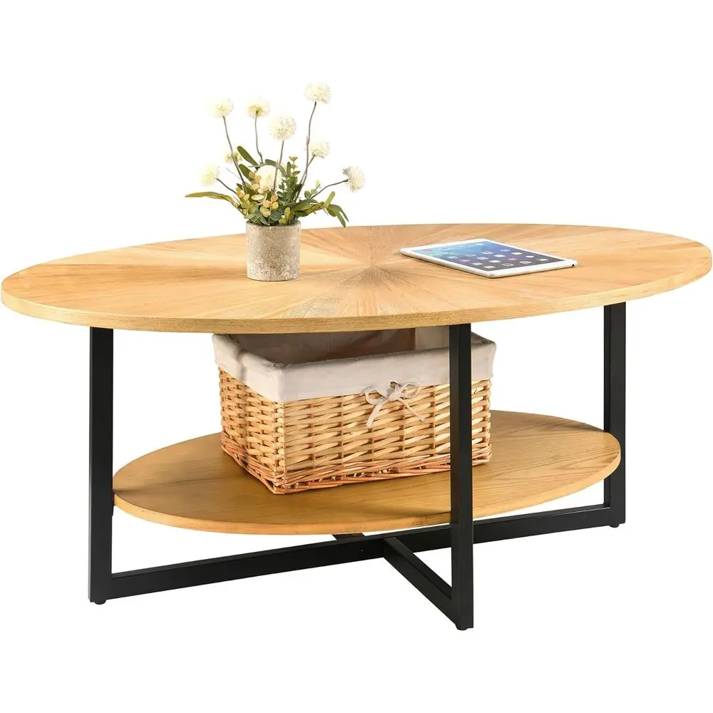 โต๊ะกาแฟทรงรีอุตสาหกรรมสมัยใหม่ 43.3 พร้อมชั้นวาง 2 ชั้น ไม้ธรรมชาติสำหรับห้องนั่งเล่นขนาดเล็ก