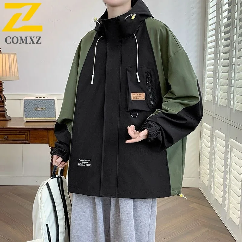 

COMXZ, осенняя трендовая рабочая одежда в американском стиле, мужская куртка весна-осень 202, новое свободное пальто с капюшоном, легкая ветровка