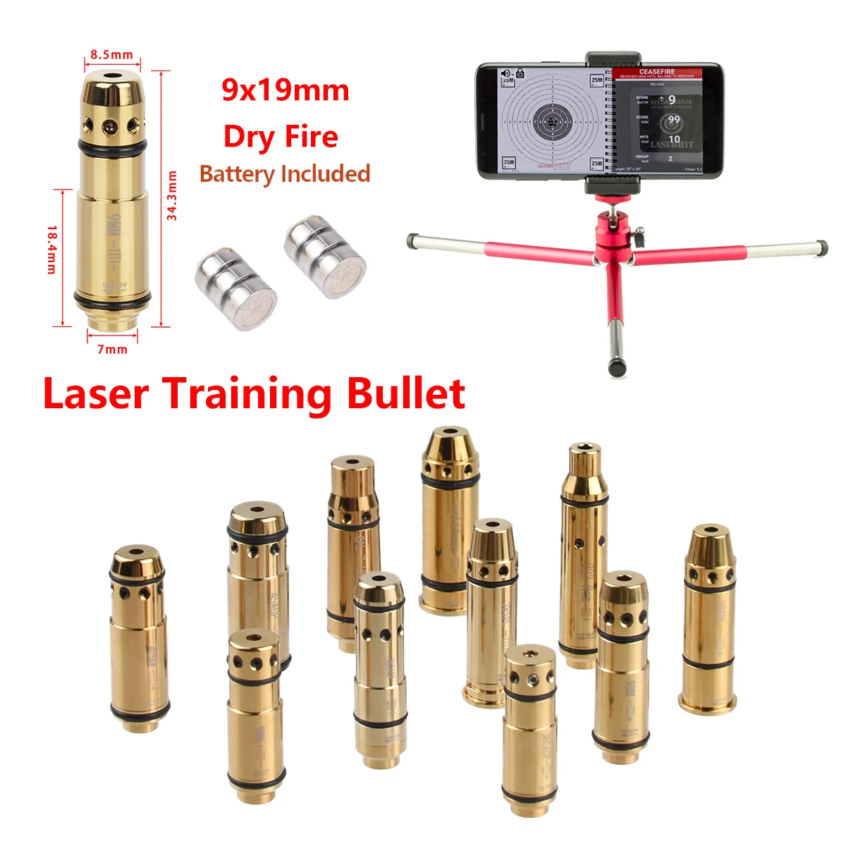 9mm Dry Fire Training Kit 9x19mm/380ACP/40S&W/223Rem Laser Bullet Trainer Cartridge Tactical Red Dot Laser Training Bore Sight