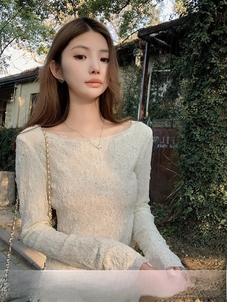 

Женский кружевной топ YOLI Long Sve, уникальная солнцезащитная футболка для похудения с шикарной текстурой, корейская однотонная футболка с принтом для поездок на работу