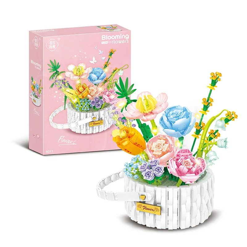 

Flower Basket Building Blocks Summer Sunshine Bouquet Bricks Toys Home Decoration Bonsai Blossom Light Botanical Valentine's Day