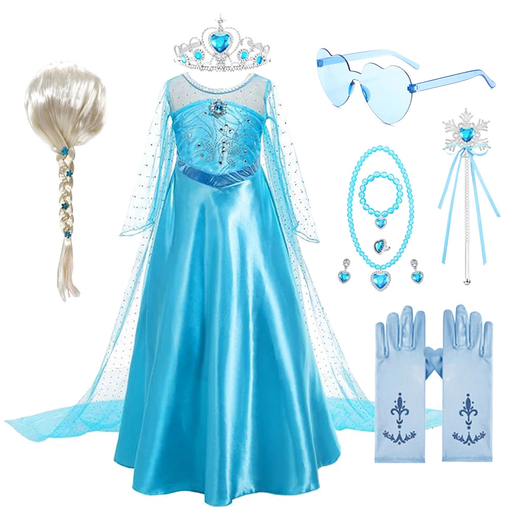 Halloween Elsa Dress for Girls Children Party Princess Costume Kids Disguise with Long Cloak Girl Snow Queen Carnival Clothes