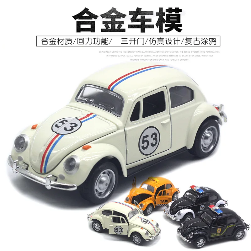 1: 32 lega Volkswagen Beetle, auto della polizia classica, taxi, auto da corsa, modello di auto a rimbalzo, regalo giocattolo per bambini