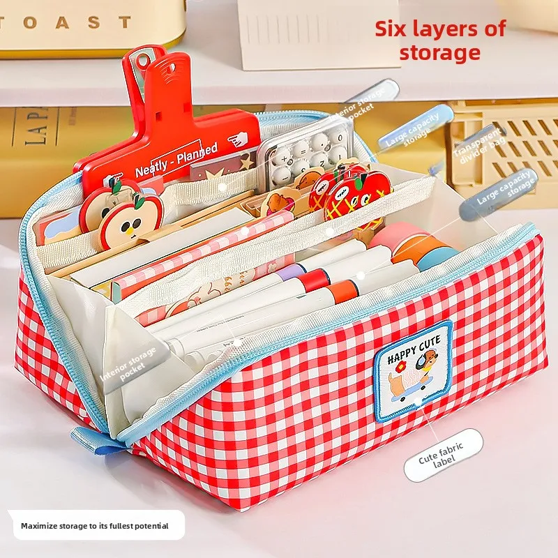 Cute Cartoon Apple Checkered Pencil Case Large Capacity Stationery Bag Aesthetic Pen Pouch for Student School Office Supplies