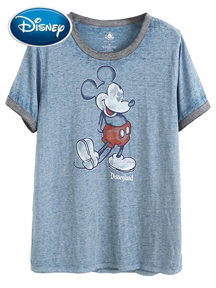 Disney Vintage Mickey Mouse Cartoon Print Distressed Water Washing T-Shirt Women O-Neck Short Sleeve Tee Tops 2 Colors Female