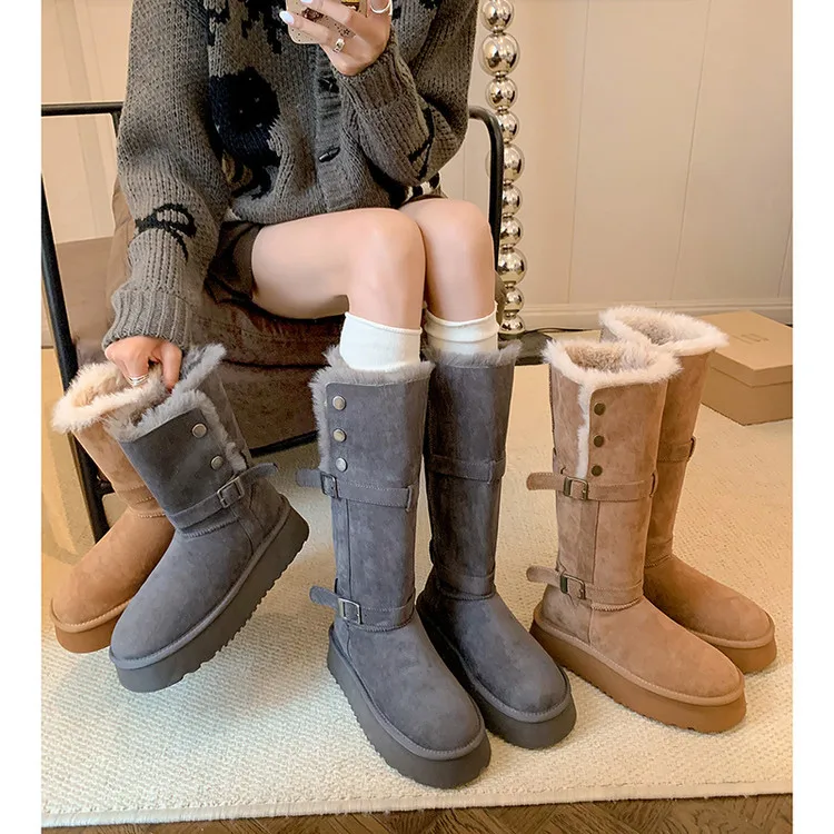 2cm/4cm thick soled long with sponge cake women's high boots snow boots small stature 2025winter warm slim gray warm boots