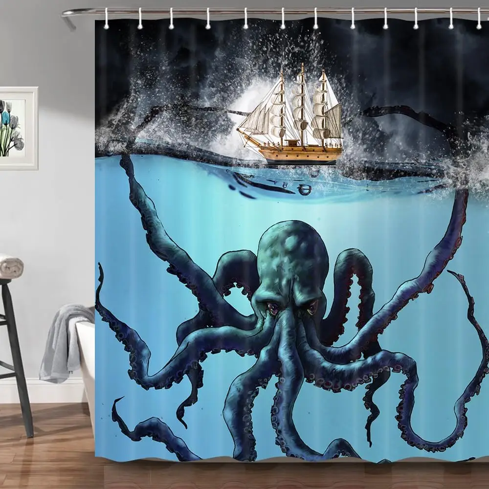 Black Nautical Octopus Shower Curtain Funny Ocean Kraken Tentacles Attack Pirate Ship Cool Bathroom Decor Hooks