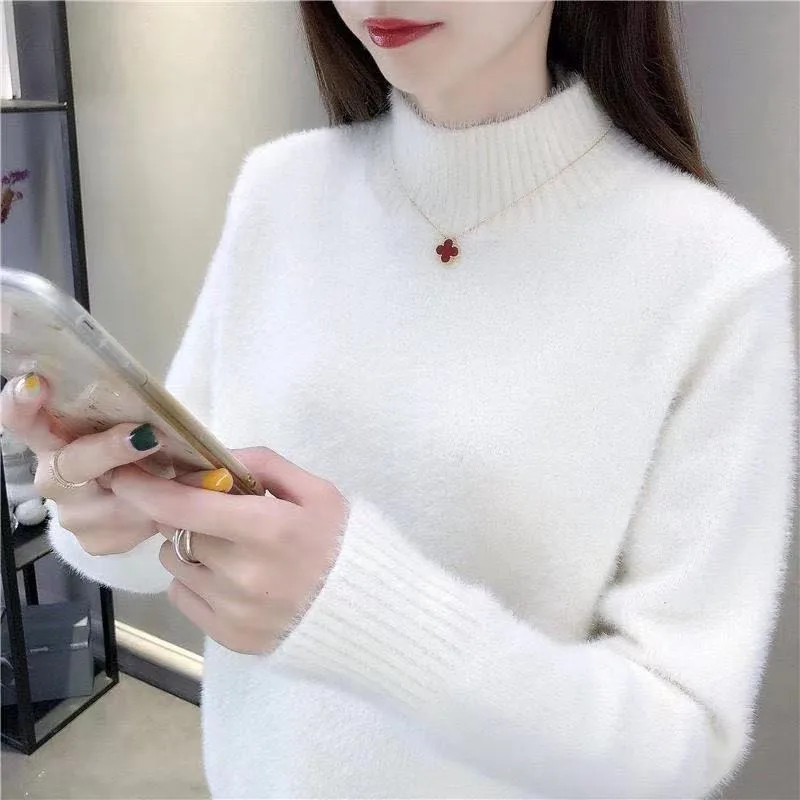 Autumn Winter Women's Pullover Round Neck Solid Color Flocking Screw Thread Lantern Long Sleeve Sweater Knitted Casual Tops