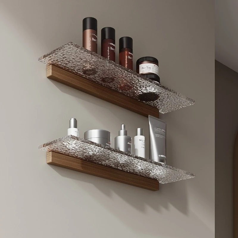 Walnut Grain No Drill Wall Mount Acrylic Storage Tray Simple Bathroom Vanity Organizer For Cosmetic Washroom Toiletry Rack