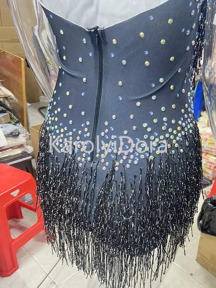 Bodysuit feminino de franjas de strass cintilante, roupa de boate, fantasia de dança brilhante, peça única, collant de palco, 2021