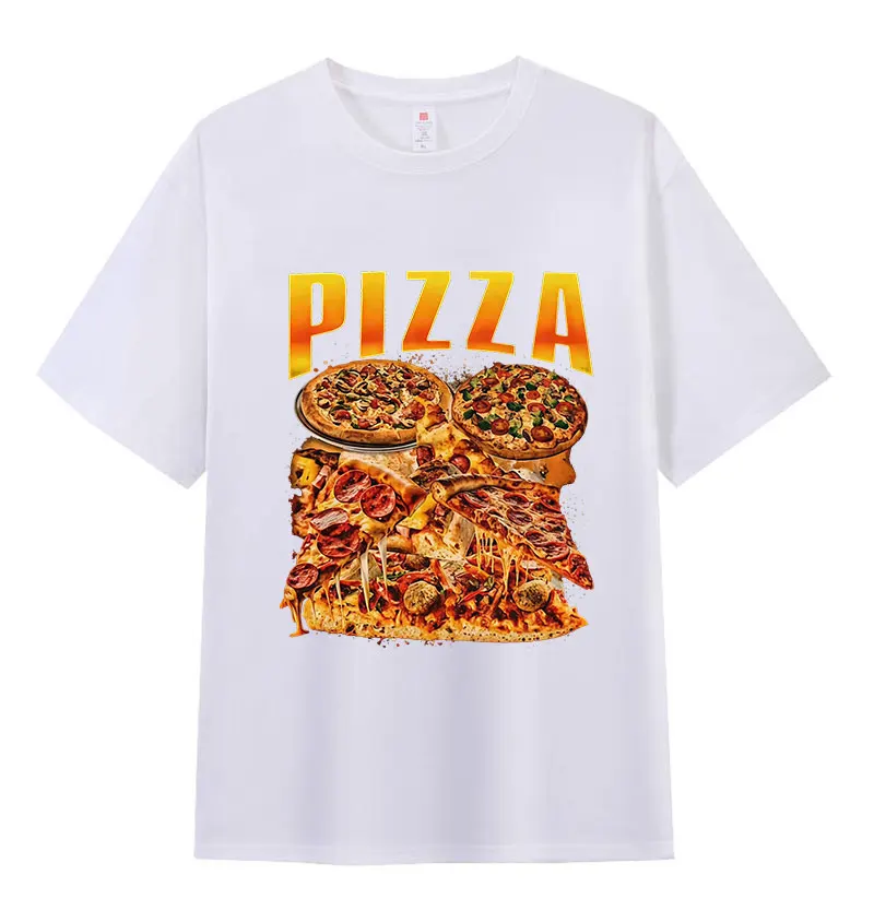 Divertida pizza salchichas italianas queso carne hawaiana comida Meme camiseta gráfica mujer casual cuello alto
