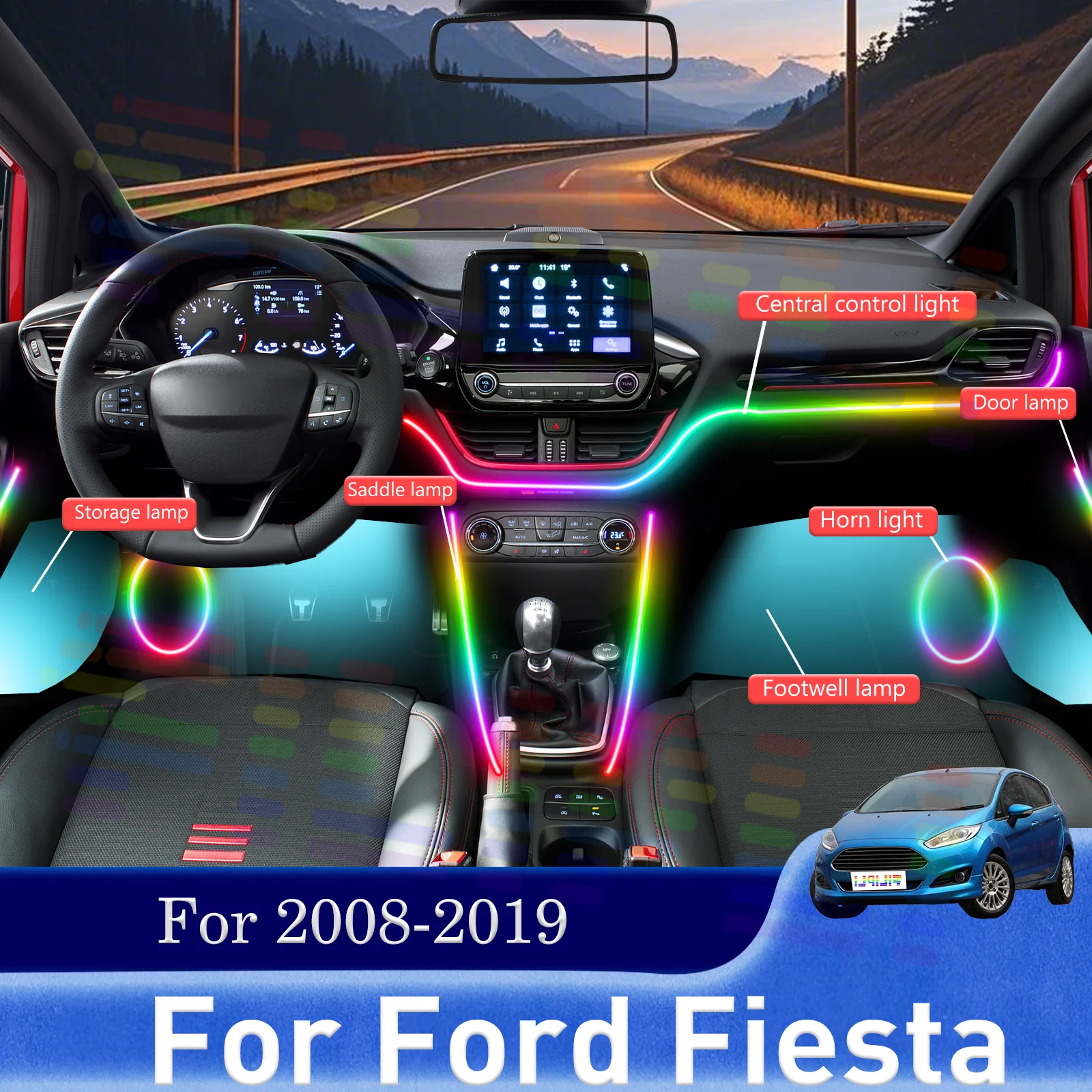For Ford Fiesta Premium Automotive Cabin LED Strips with a Truly Hidden Profile and App Driven Dynamic Rainbow Light Shows