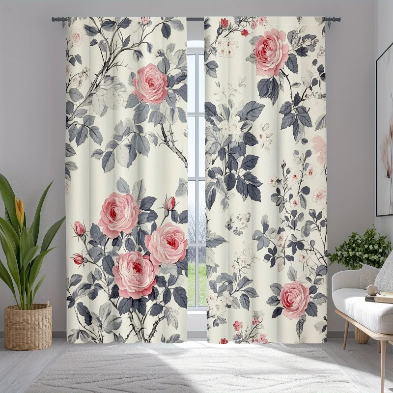 

VIKAMA 2-Piece Vintage Floral Blackout Curtains Beige with Pink Roses And Lilies for Bedroom And Living Room Decor
