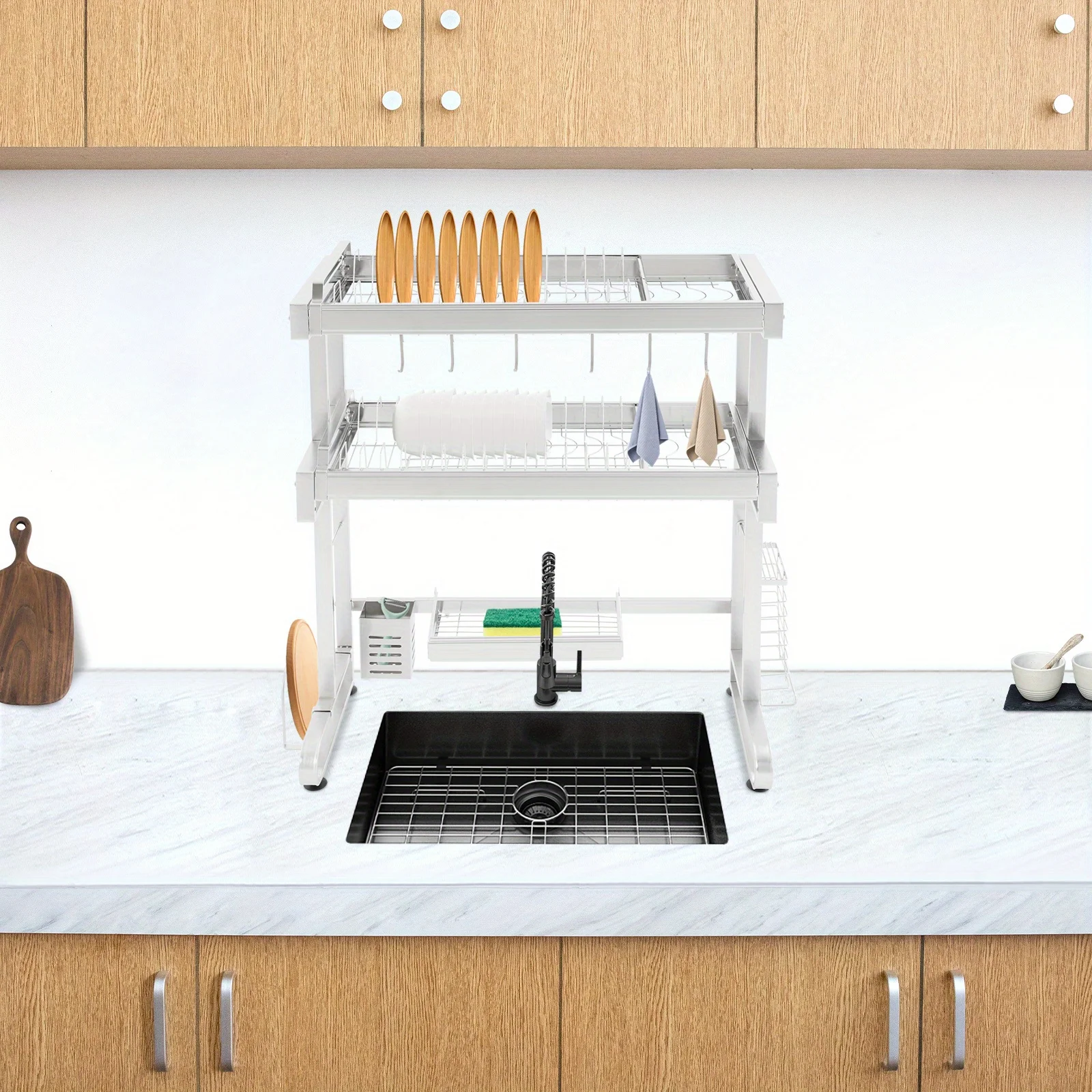 Rejilla para secar platos sobre fregadero de 2 niveles, rejilla para secar platos de acero inoxidable, organizador extensible sobre fregadero de cocina
