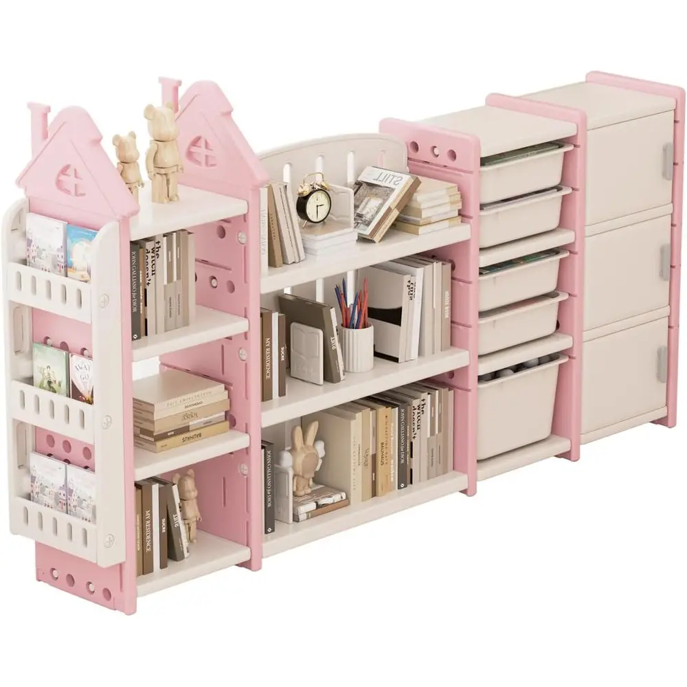 

4-Tier Storage Organizer with Removable Bins, Bookshelf, and Cabinet for Toddlers, Nursery, and Study Room - Pink