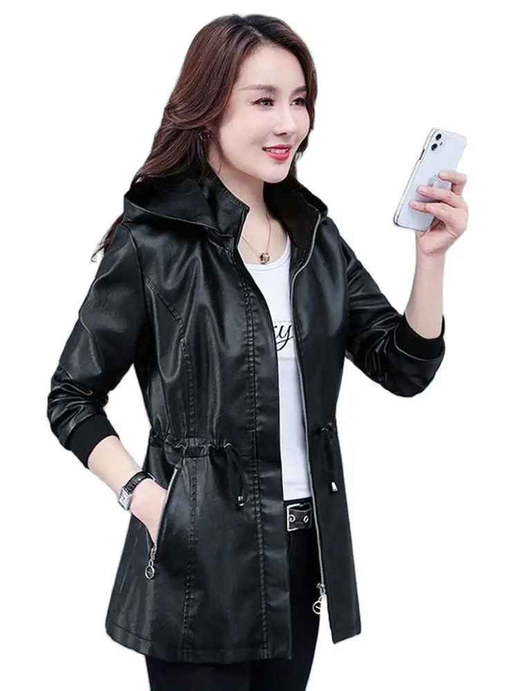 2023 Autumn Winter Leather Jacket Women Dismantle Hooded Coat Fleece Thicken PU Leather Overcoat Female Drawstring Windbreakers