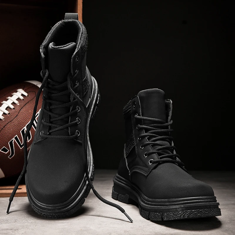 Men Ankle Boots Platform High Top Black Motorcycle Boot Trendy All-match Fashion Water Proof Wear-resistant Outdoor Elastic