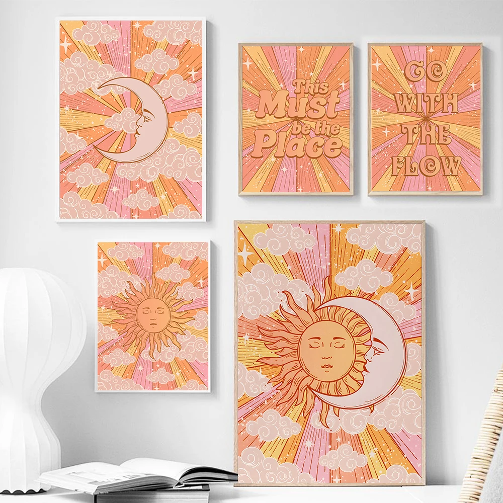 

Sun And Moon Canvas Painting 70s Decor Witchy Celestial Vintage Wall Art Picture Moon Goddess Poster for Living Room Home Decor