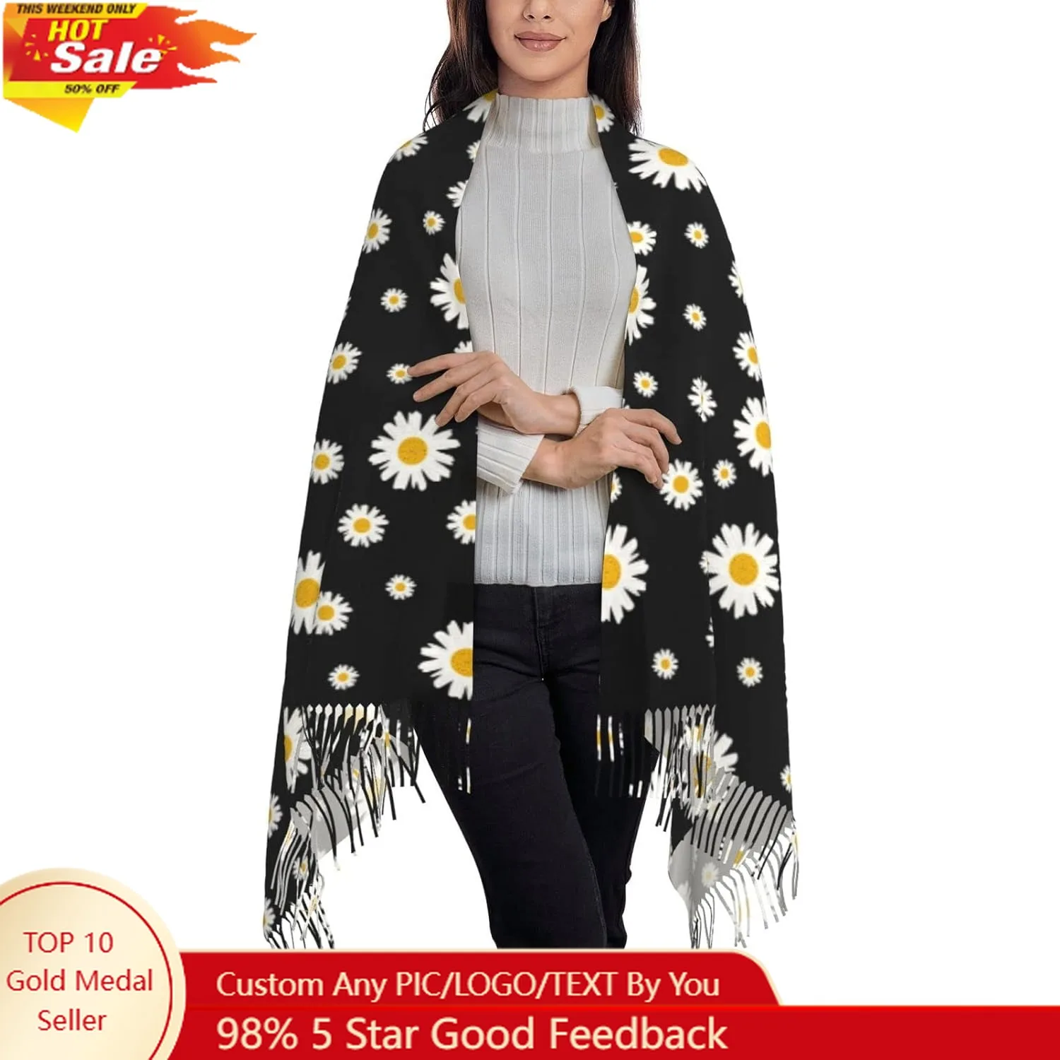 

White Yellow Daisy Flower Black Scarf Long Shawl Wraps Pashmina for Women Girls with Tassels Soft Warm Cozy