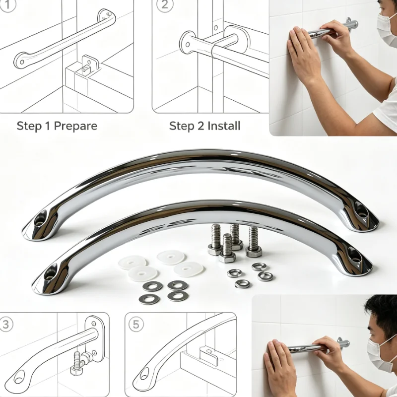 Chrome Curved Bathroom Safety Grab Bar Wall Mounted Non Slip Assist Handle For Shower Bathtub Toilet Stability Support