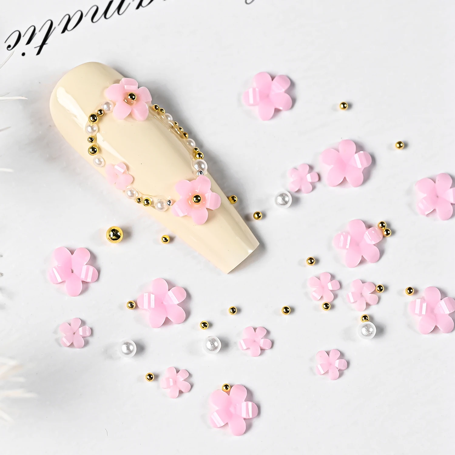 1bag/500pcs 3D Pink Cherry Blossom Petal Nail Charms Gold & White Pearls Caviar Beads Nail Rhinestones Resin Flower Nail Supplie - view 6