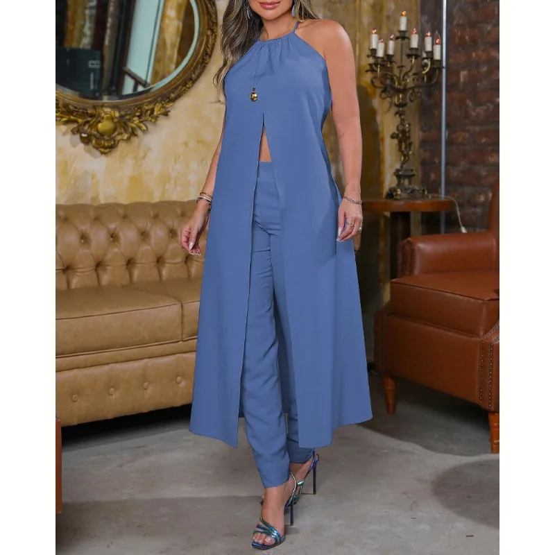 

Women's Summer Halter Neck Sleeveless Split Tunic Top & High Waist Pants Set 2 Piece Outfit