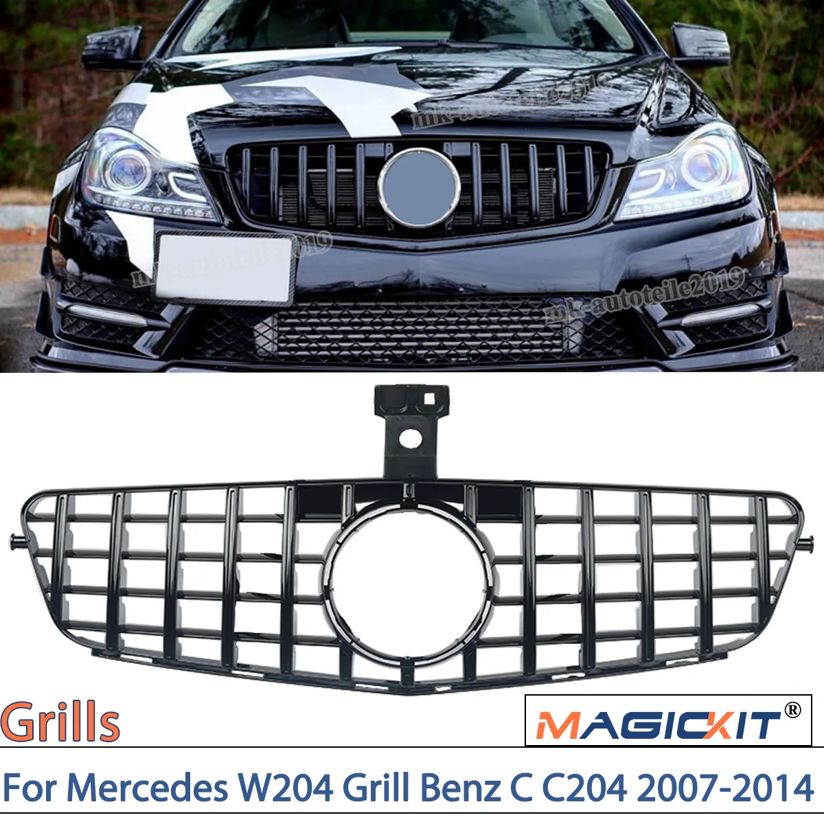 MagicKit For 2008-2014 Mercedes Benz C Class W204 C200 C300 Panamericana Black Grille 2006-2013 Facelift Tuning CAR Accessories